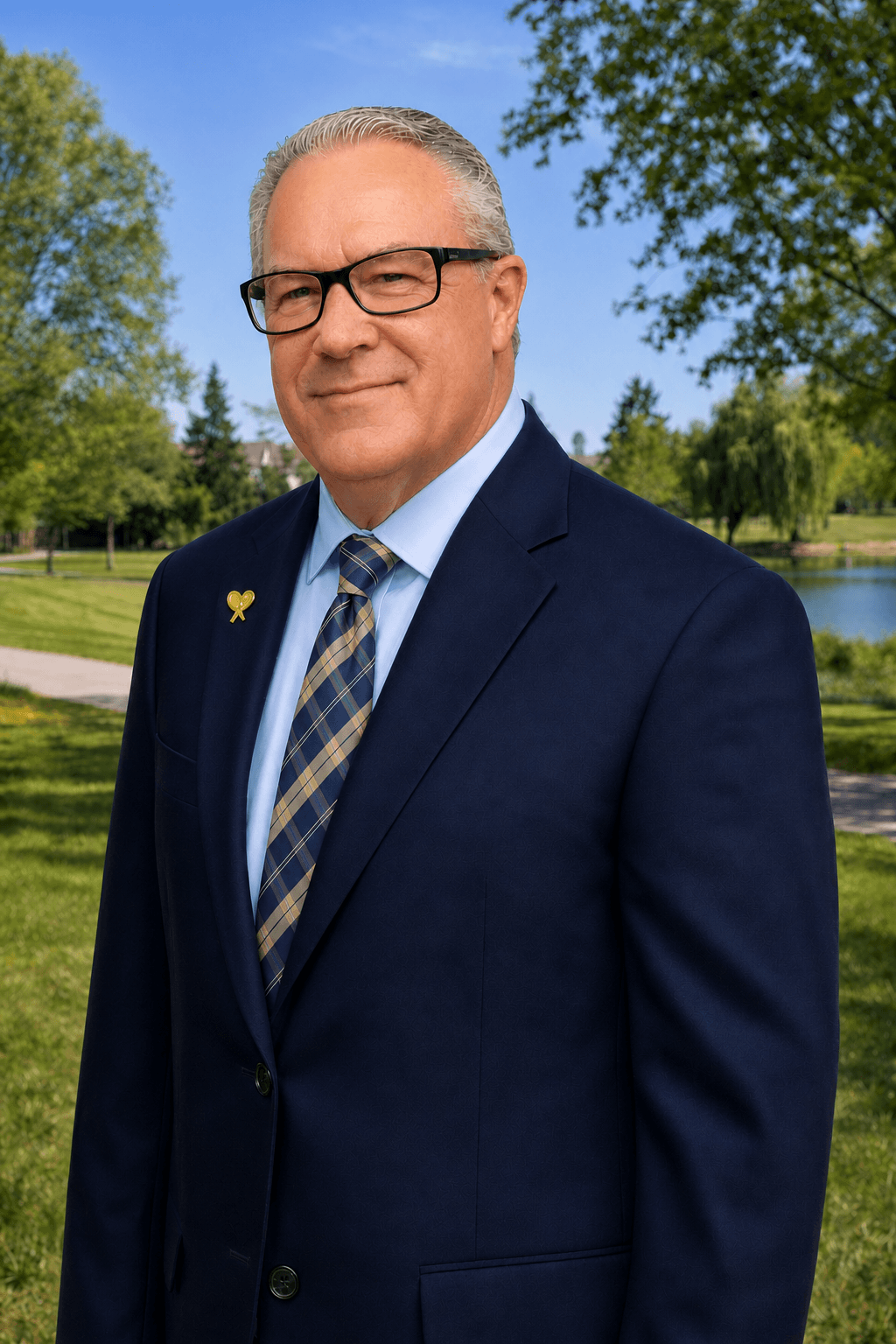 Professional headshot of Ron Skaggs wearing a navy suit, light blue dress shirt, patterned tie, and gold CASA lapel pin